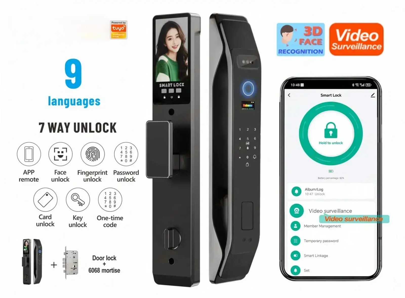 3D Face Recognition Fingerprint Password Smart Door Lock with Camera Security