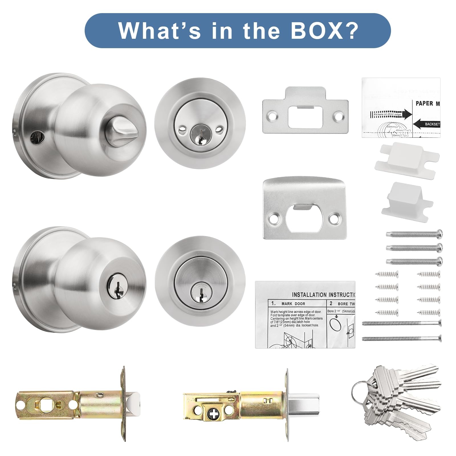 Knobonly Entry Door Knobs and Double Cylinder Deadbolt, Keyed Alike Door Handle