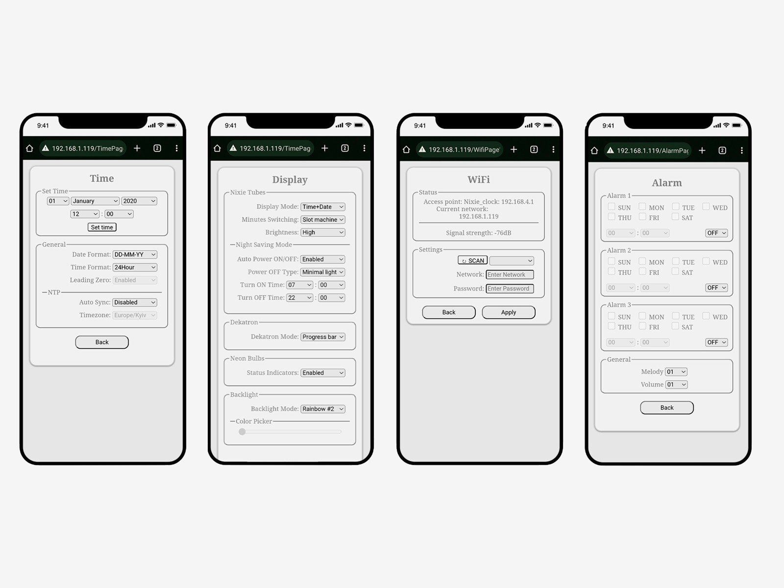 Nixie tube clock with IN-12 tubes and dekatron in metallic case