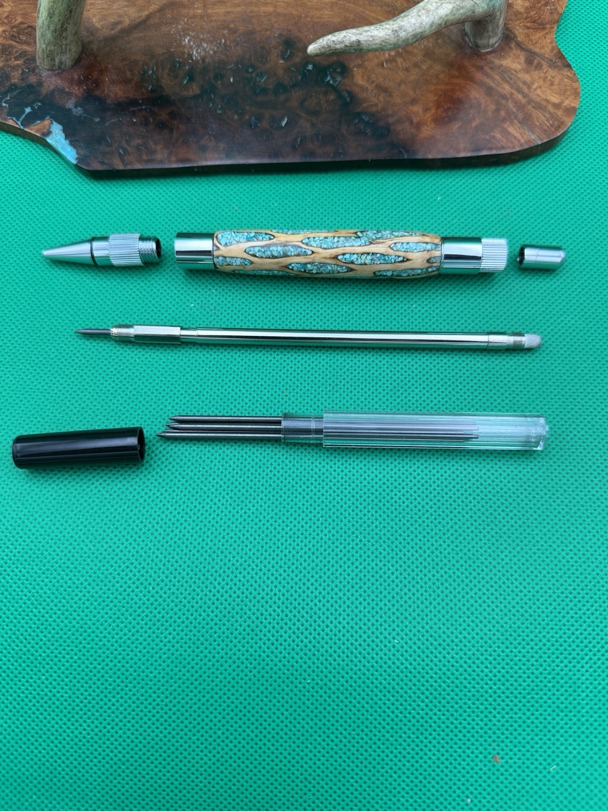 Hand Turned Mechanical Stratus Pencil With Cholla Cactus Inlaid Turquoise Chrome