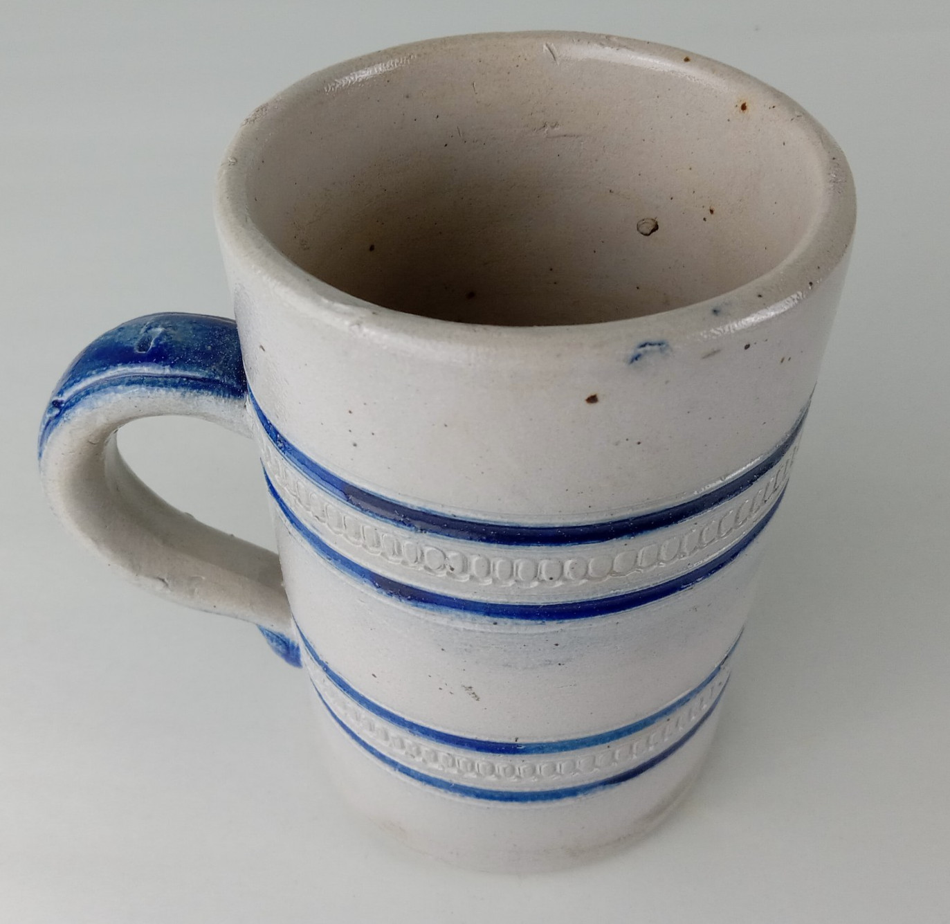Antique German Salt Glazed Cobalt Decorated Stoneware Mug 5" Marked