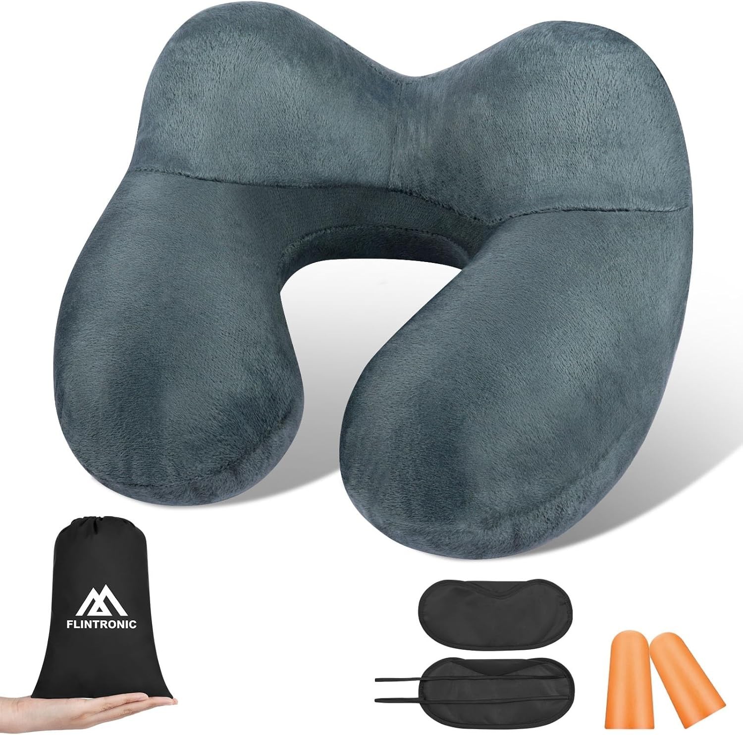 Inflatable Neck Travel Pillow Soft Velvet Ergonomic Airplane Car Grey