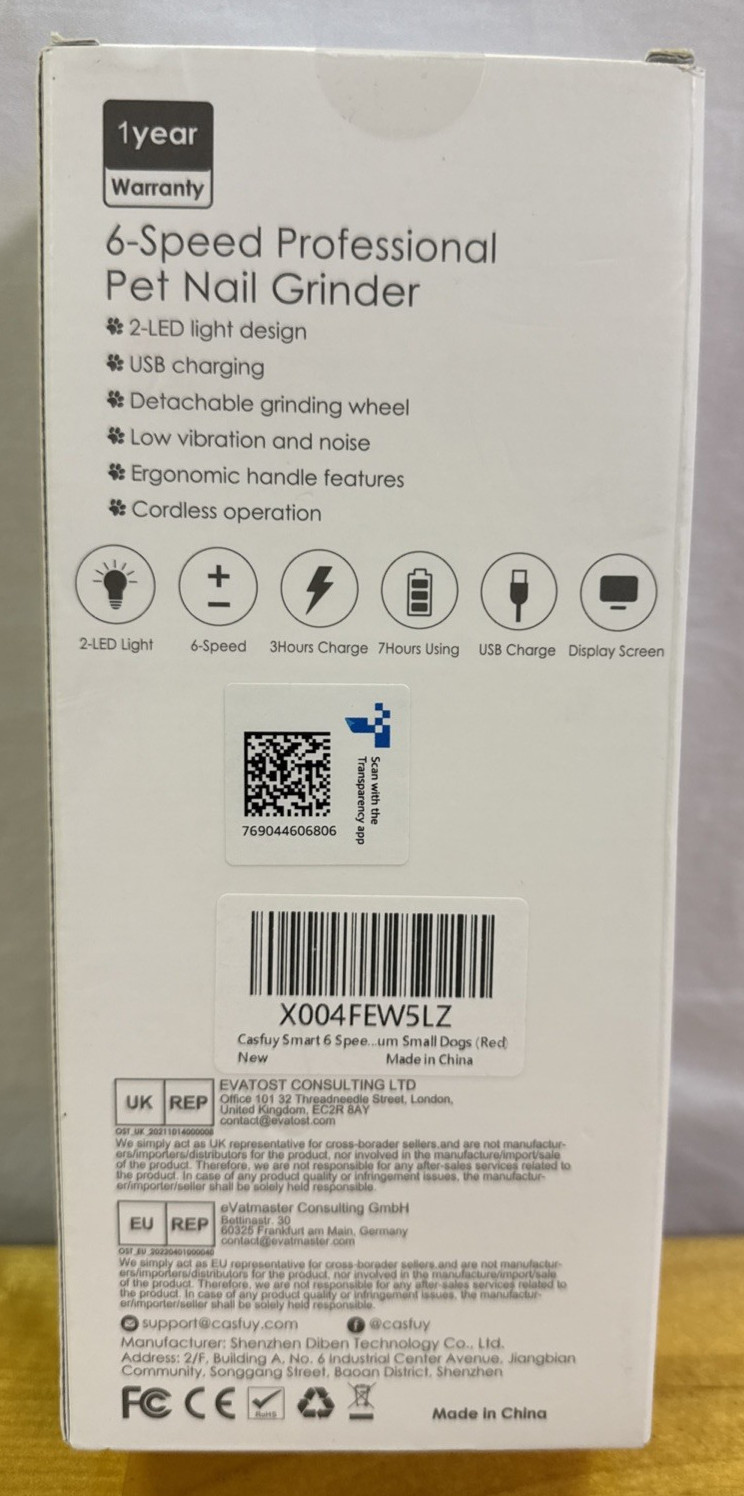 Casfuy Smart 6-Speed Dog Nail Grinder 50% More Power 2 LED Lights Quiet Red NEW