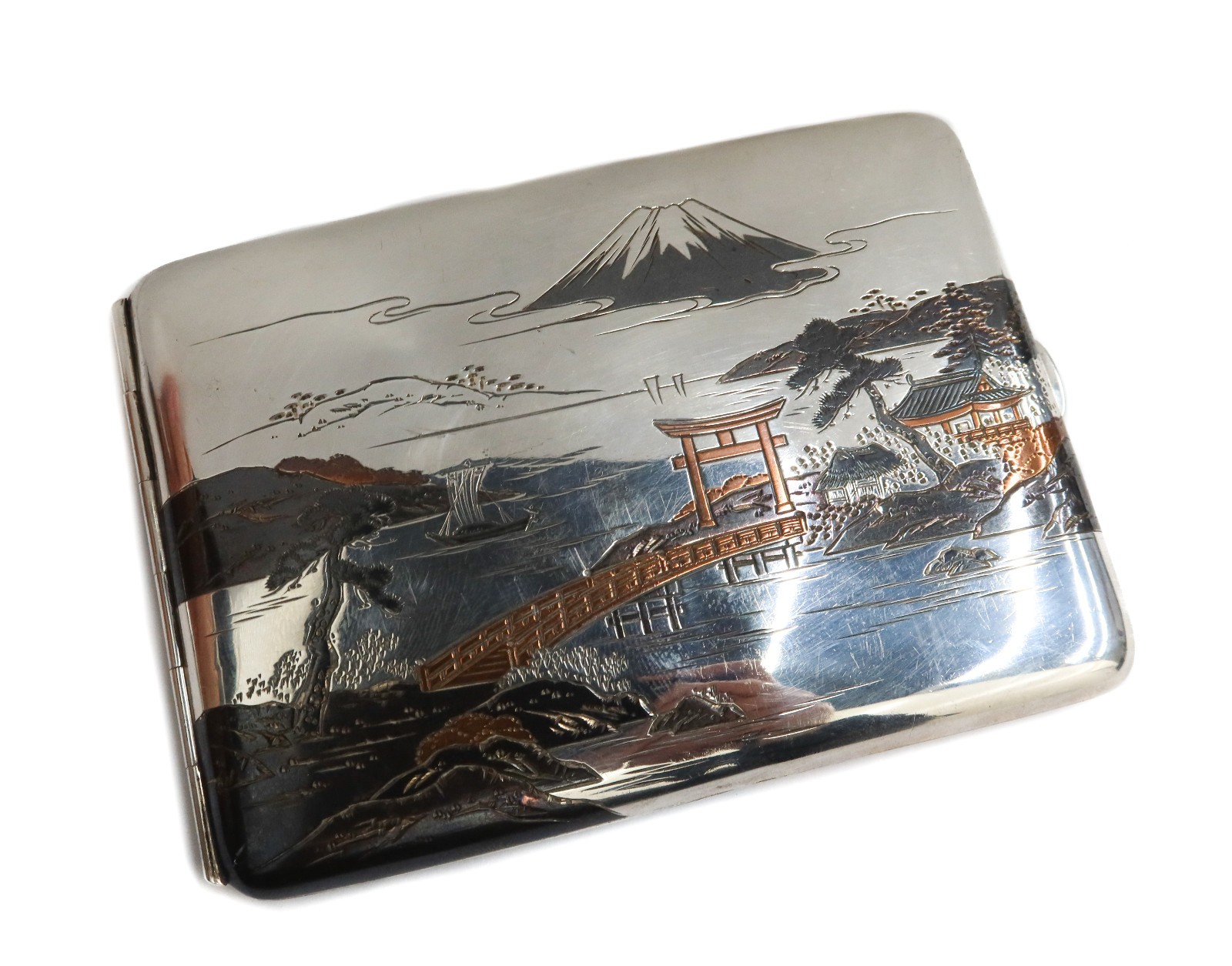 Japanese Mixed Metal 950 Silver Cigarette Case Mount Fuji circa 1920