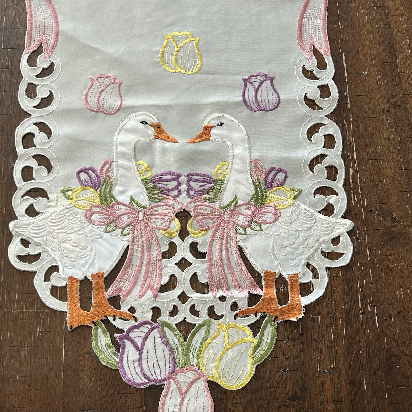 Spring Table Runner 68” Geese Embroidered Tulips Outwork Pink Bows