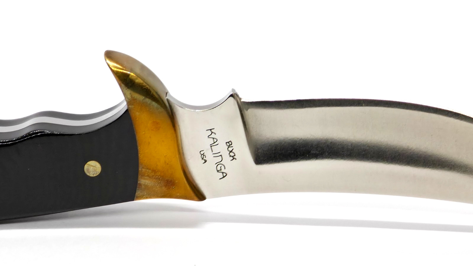 Buck Kalinga knife with black handle and brown leather sheath