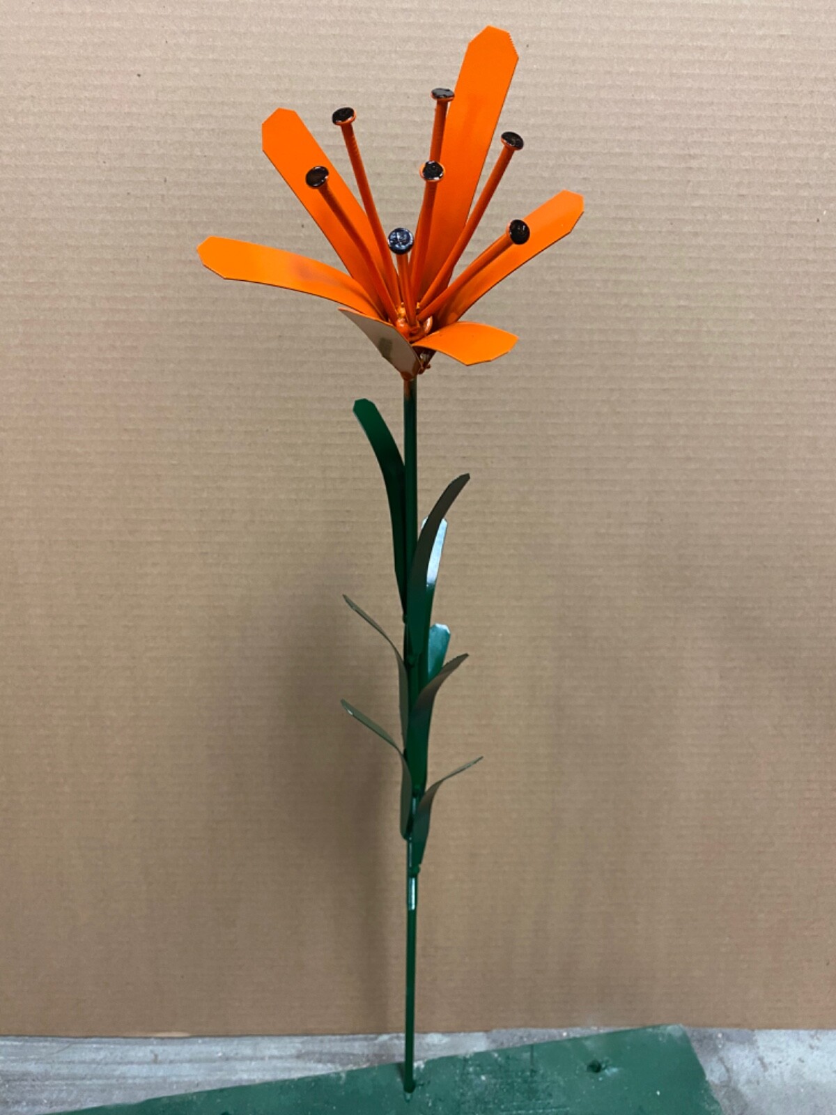 Recycled Metal Welded Orange Lilly W/ Nails Flower Stake Yard Art Rock Garden