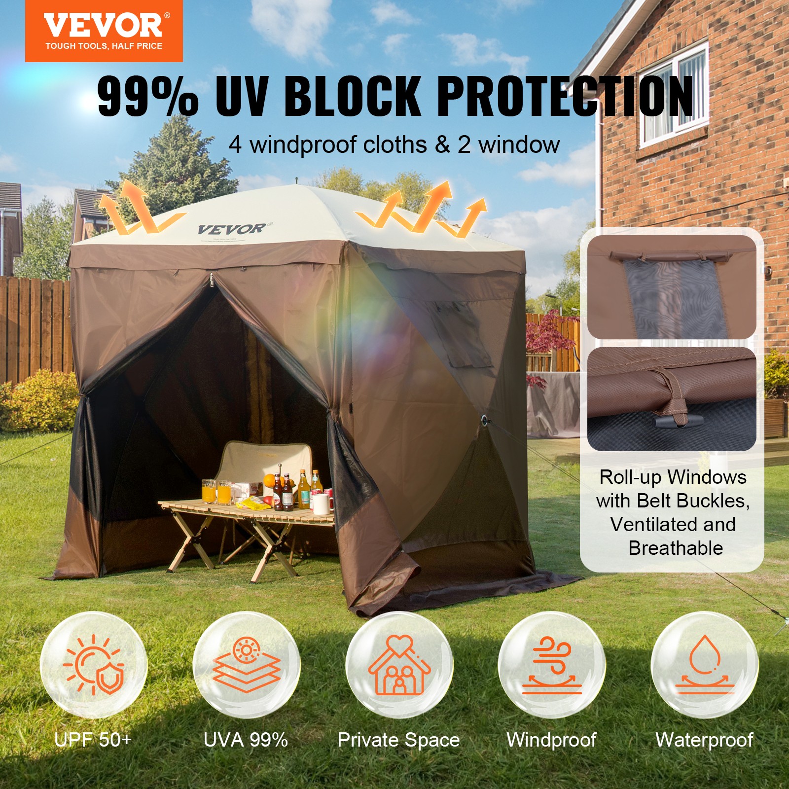 VEVOR Pop Up Gazebo Tent Pop-Up Screen Tent 4 Sided Canopy Sun Shelter Brown