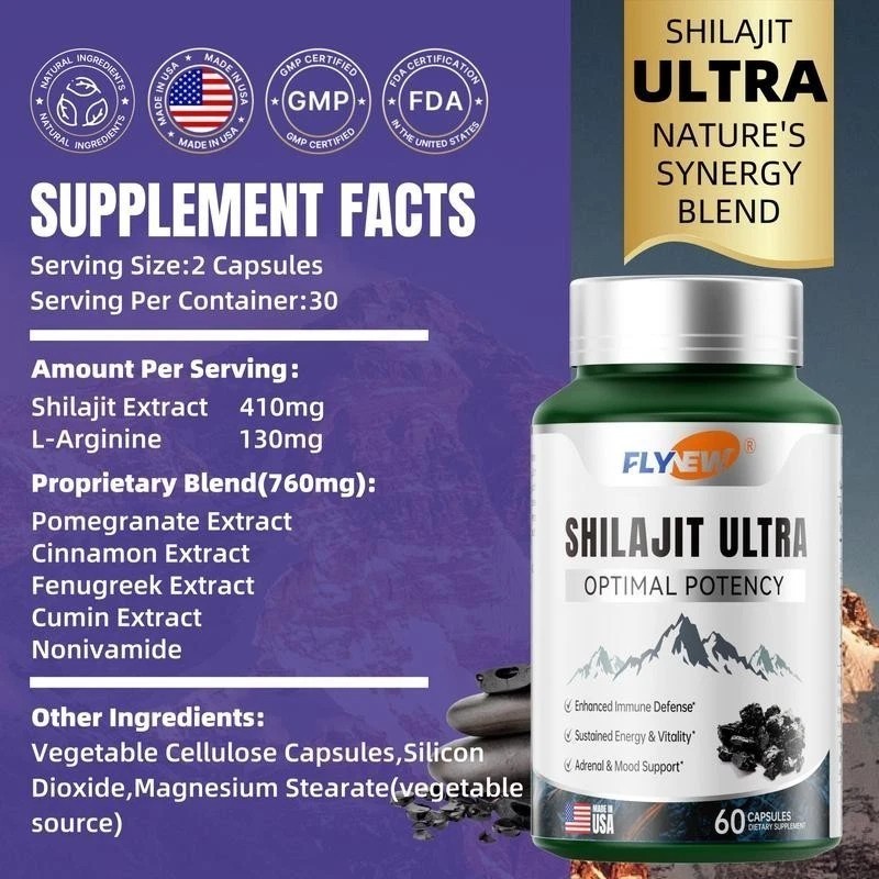 Flynew Optimal Potency Shilajit Ultra 60Capsules Made in USA with Essential Mine