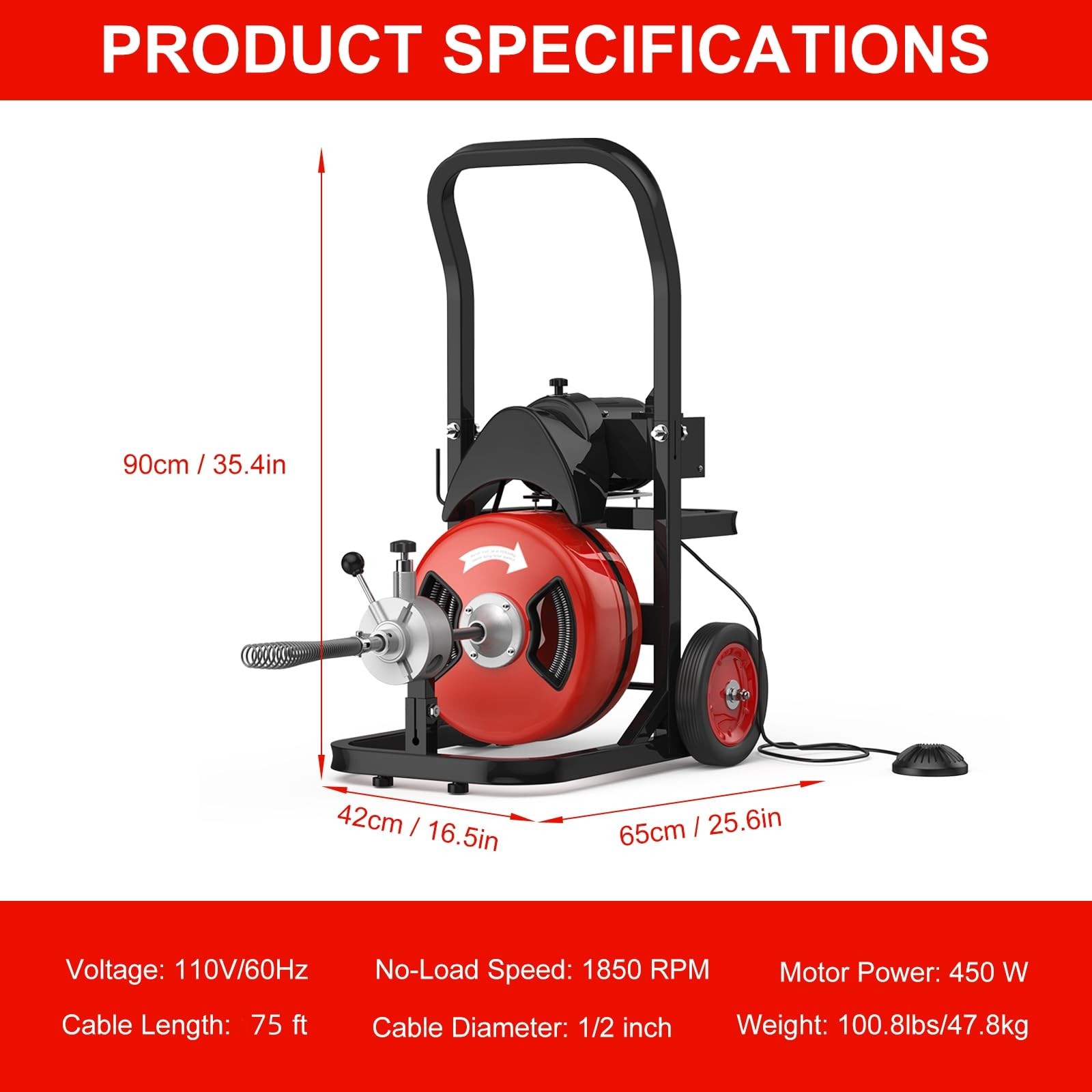 75FT 1/2 in Auto Feed Drain Cleaning Machine,Electric Drain Auger with 6 Cutter