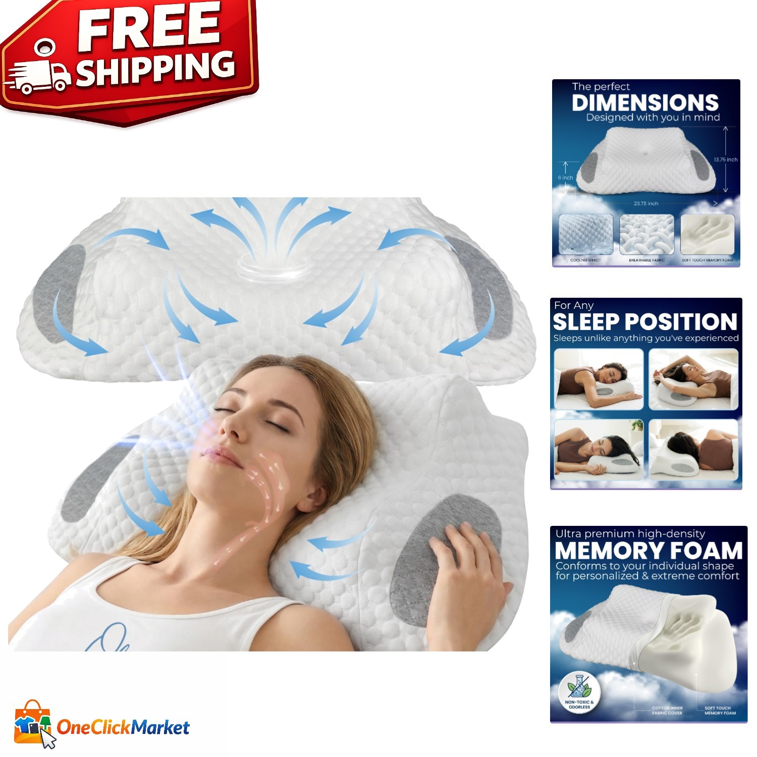 Ergo Pillow for Sleep Apnea, Neck Pain, and Snoring Relief, Standard, White Gray