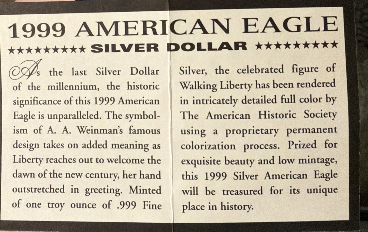 1999 American Eagle Walking Liberty Colorized 1 Oz Fine Silver One Dollar.