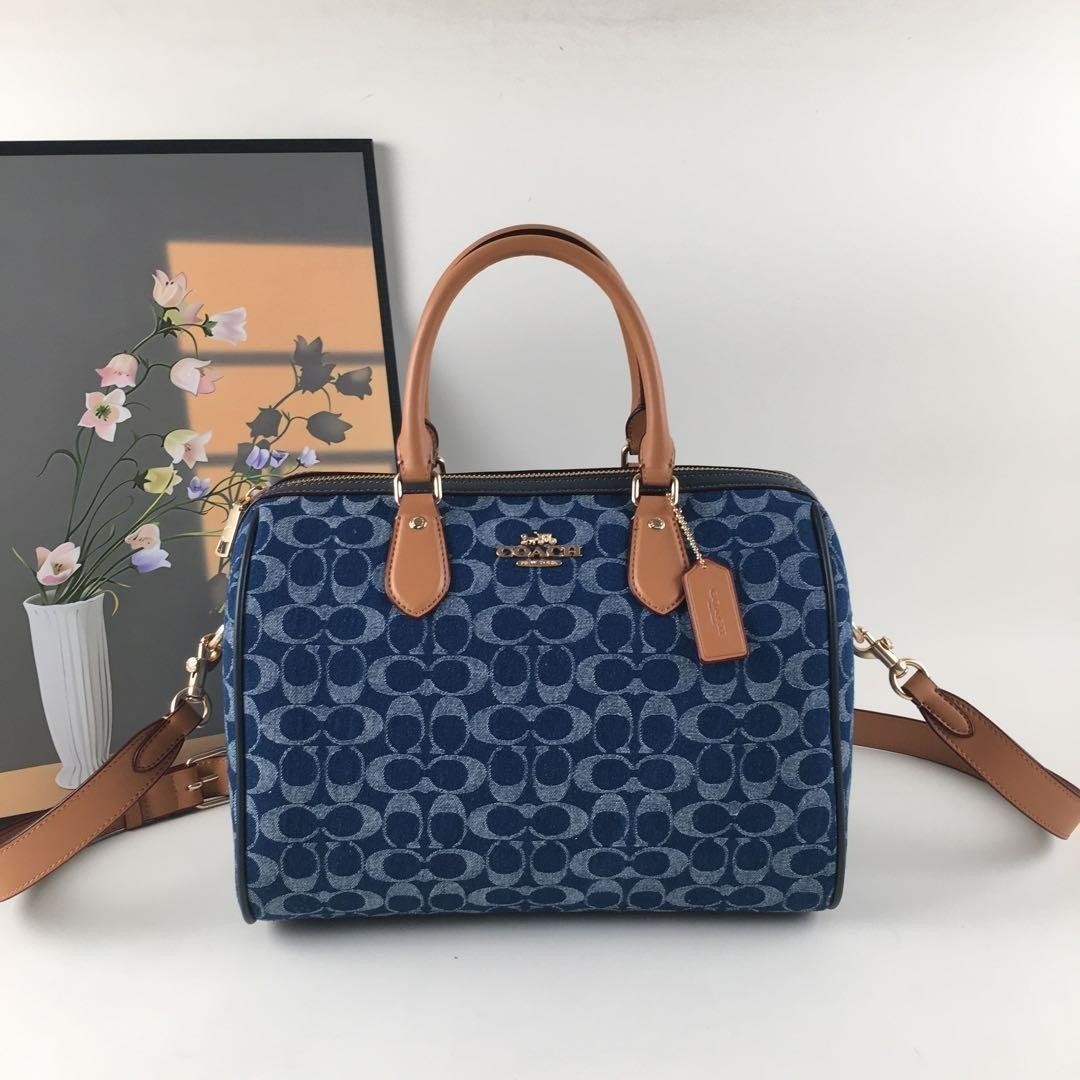 COACH CY699 Rowan Large Satchel Bag Signature Canvas Blue Brown Outlet New
