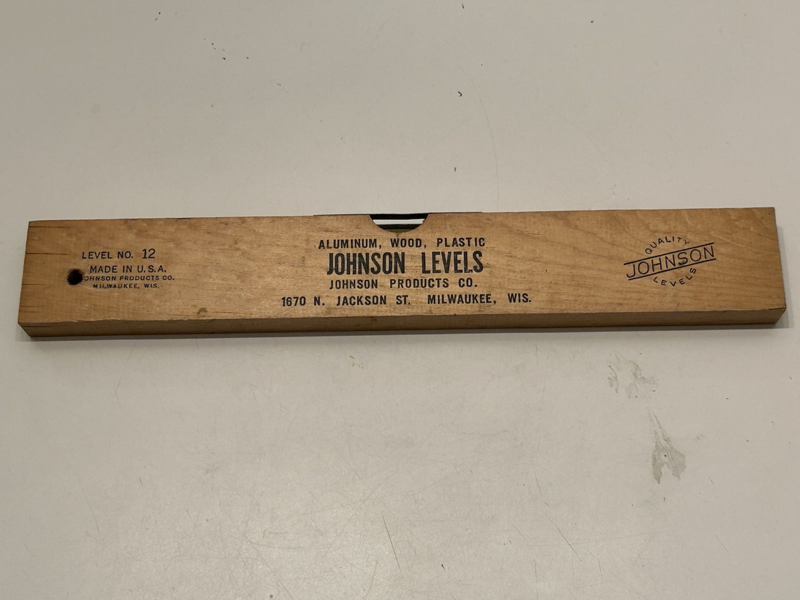 Vintage Wood 12 Inch Level Tool Johnson Levels No. 12 Milwaukee Wis. - USA Made