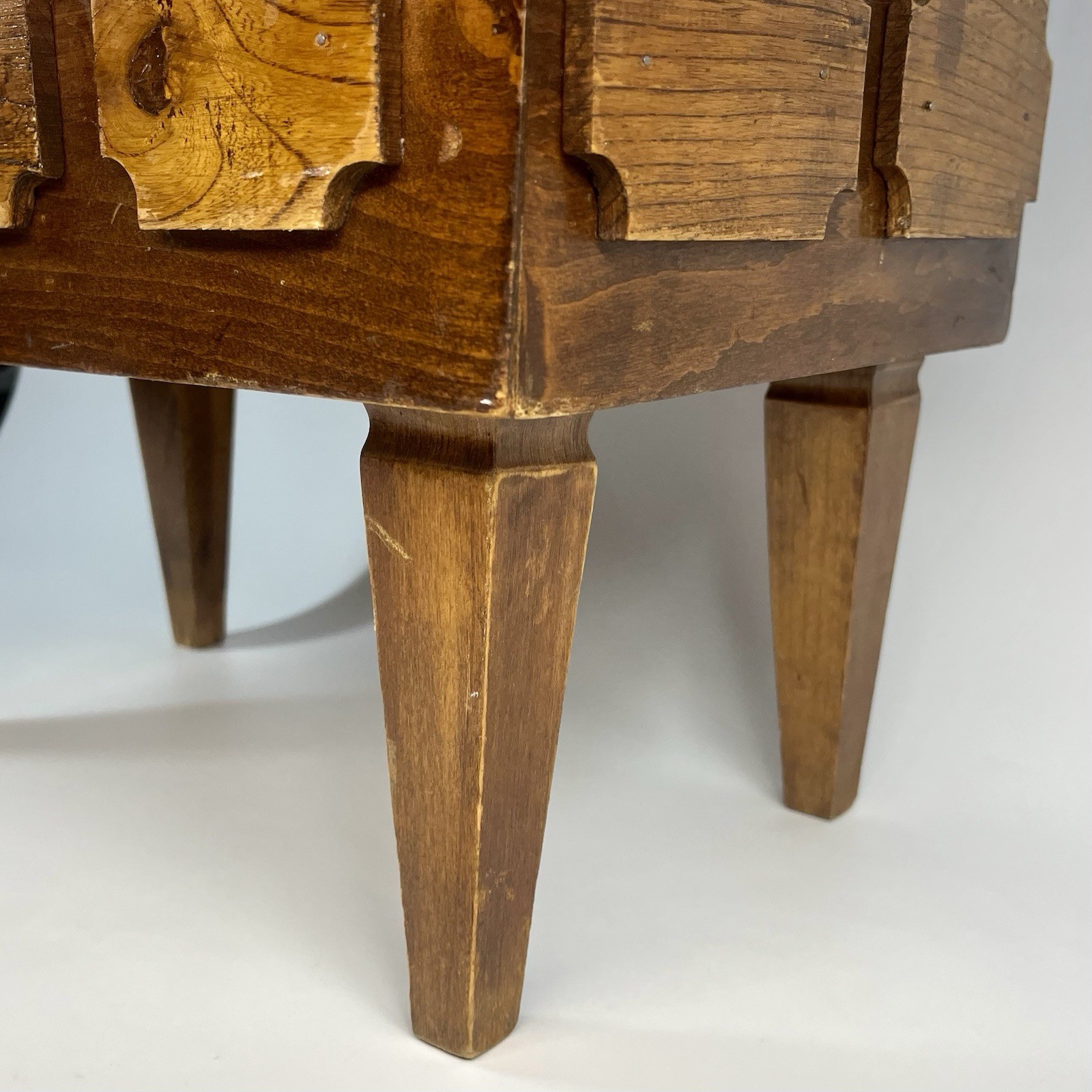 Antique Mission Style Arts & Crafts Wood Foot Stool w/ Green Damask Fabric Top