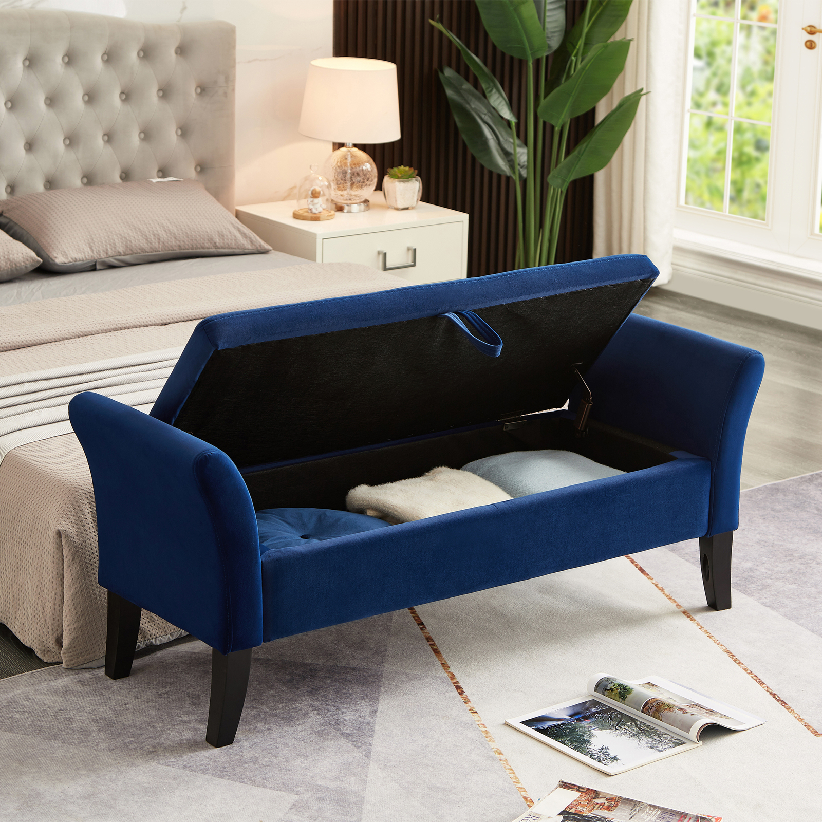 52" Storage Bench Upholstered Ottoman Bench with Arms Velvet Button-Tufted Bench