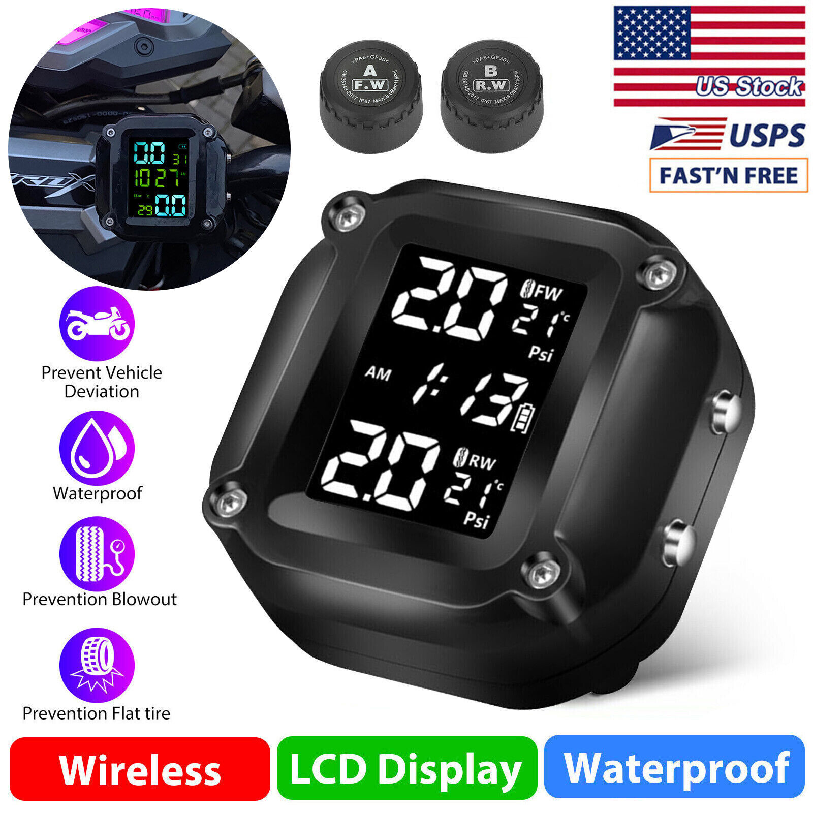 Wireless Motorcycle TPMS Tire Tyre Pressure Monitor System + 2 External Sensors