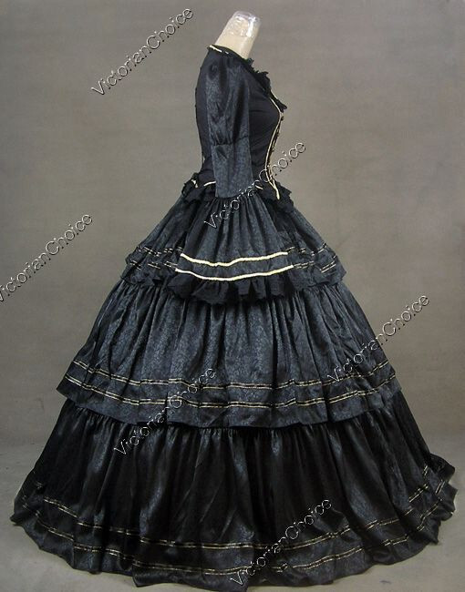 Black Victorian Civil War Brocade Dress Ruffle Skirt Ball Gown Gothic Costum 188