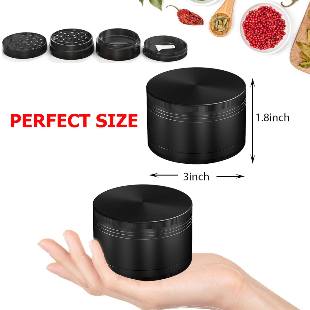 Extra Large Grinder 3 inch XL Herb & Spice, Tobacco Crusher 4 Piece (Black)