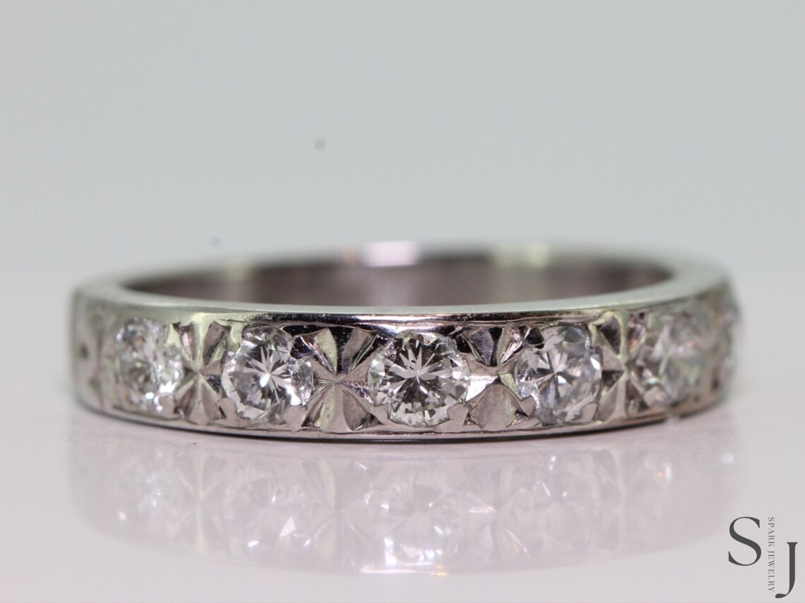 0.80 CT Round Cut Half Eternity Moissanite Wedding Band Solid 14k White Gold