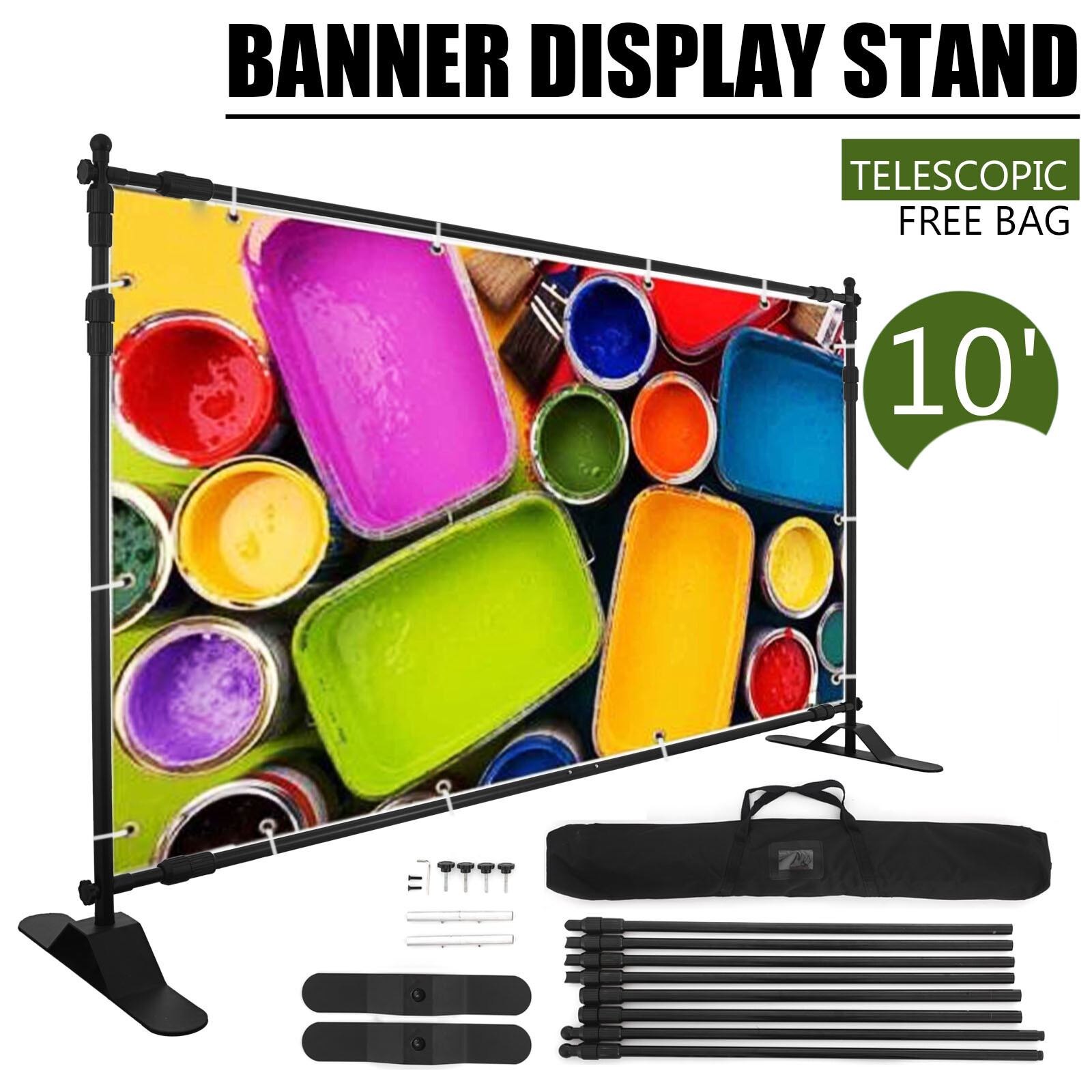8x10Ft Banner Stand Heavy-Duty Backdrop Stand Telescopic Adjustable Repeat Step