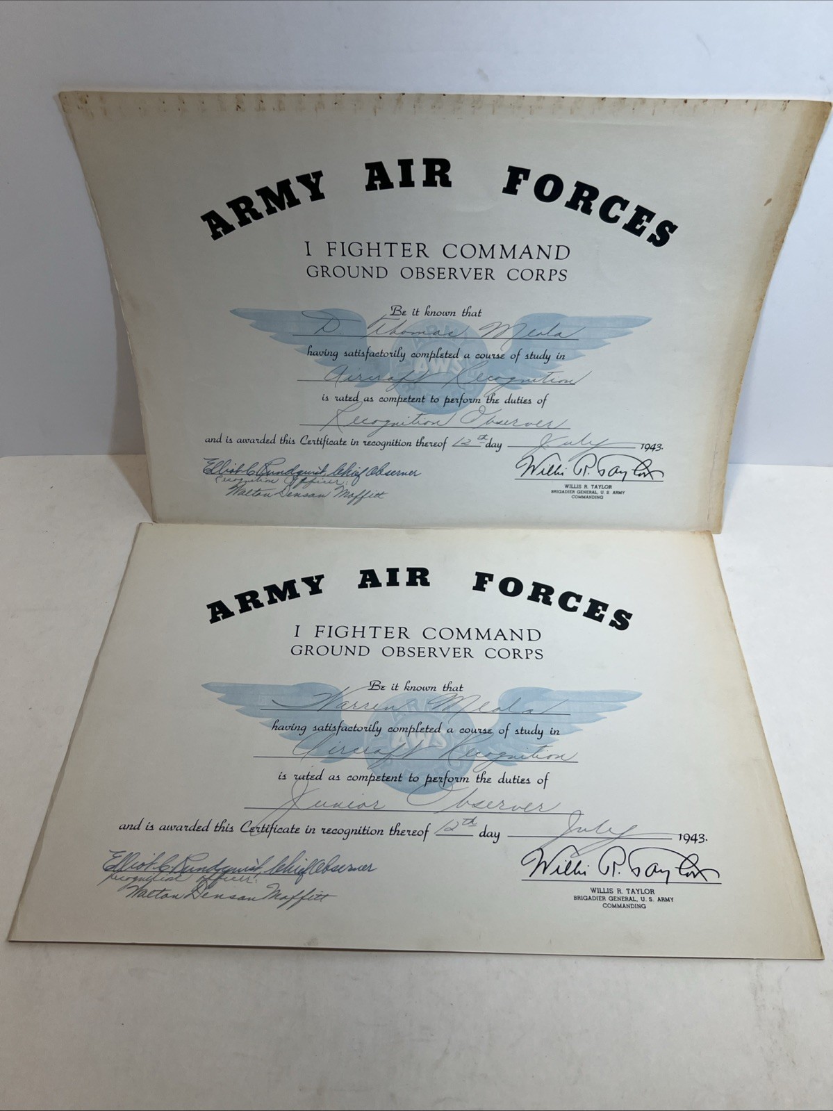 Original WWII 1943 Army Air Forces Ground Observer Corps Certificate Pair USAAF