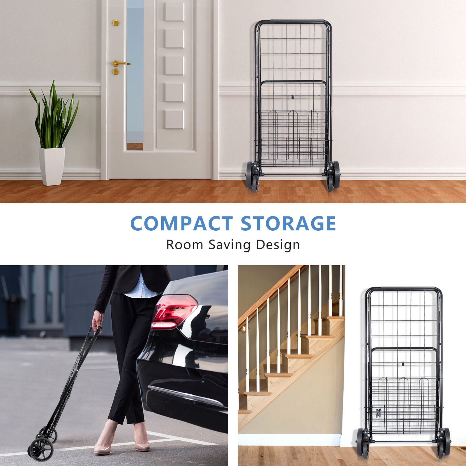 Portable Folding Shopping Cart Double Basket for Grocery Laundry W/Wheels Black