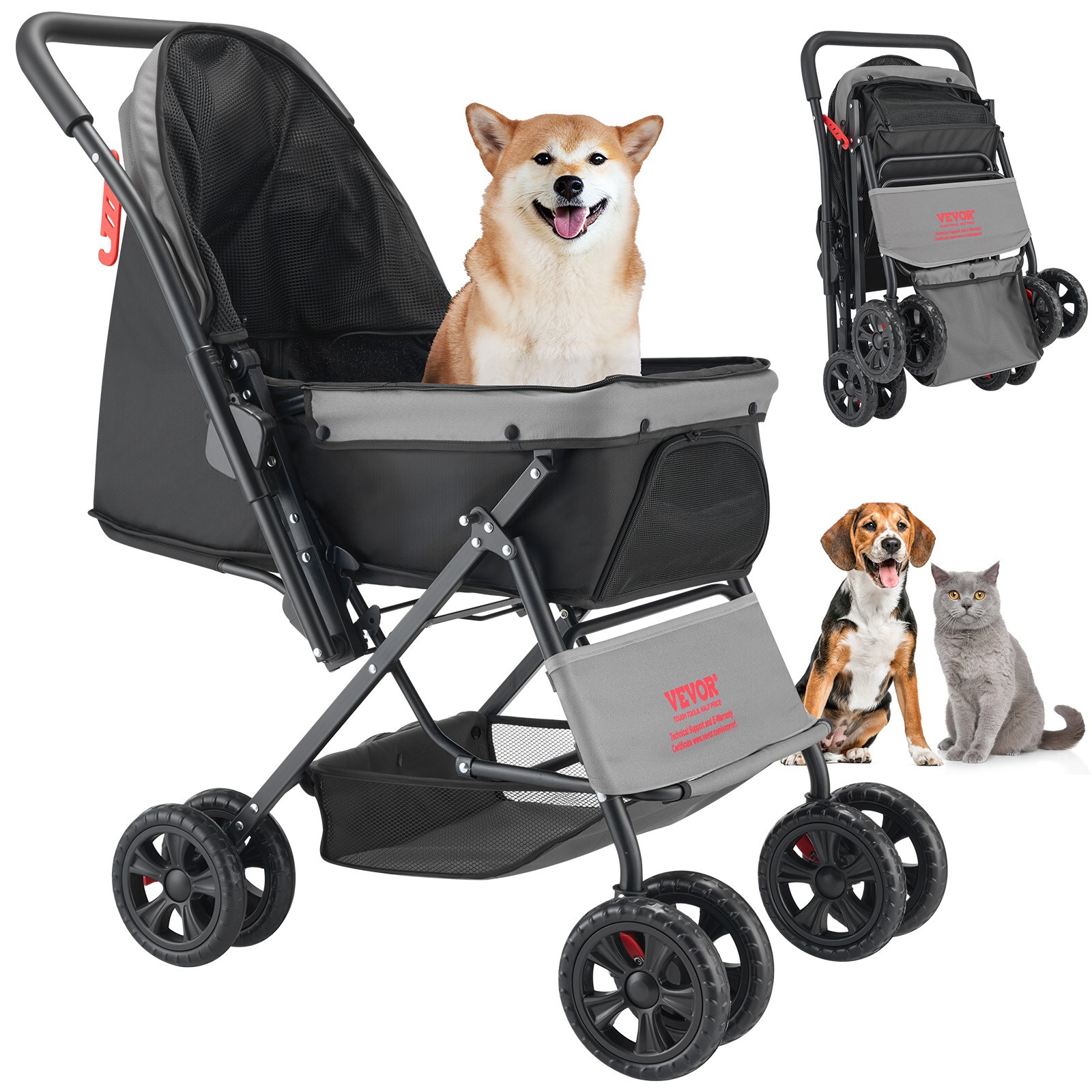 VEVOR Pet Stroller Foldable 4 Wheels Travel Dog Stroller Reversible Handle