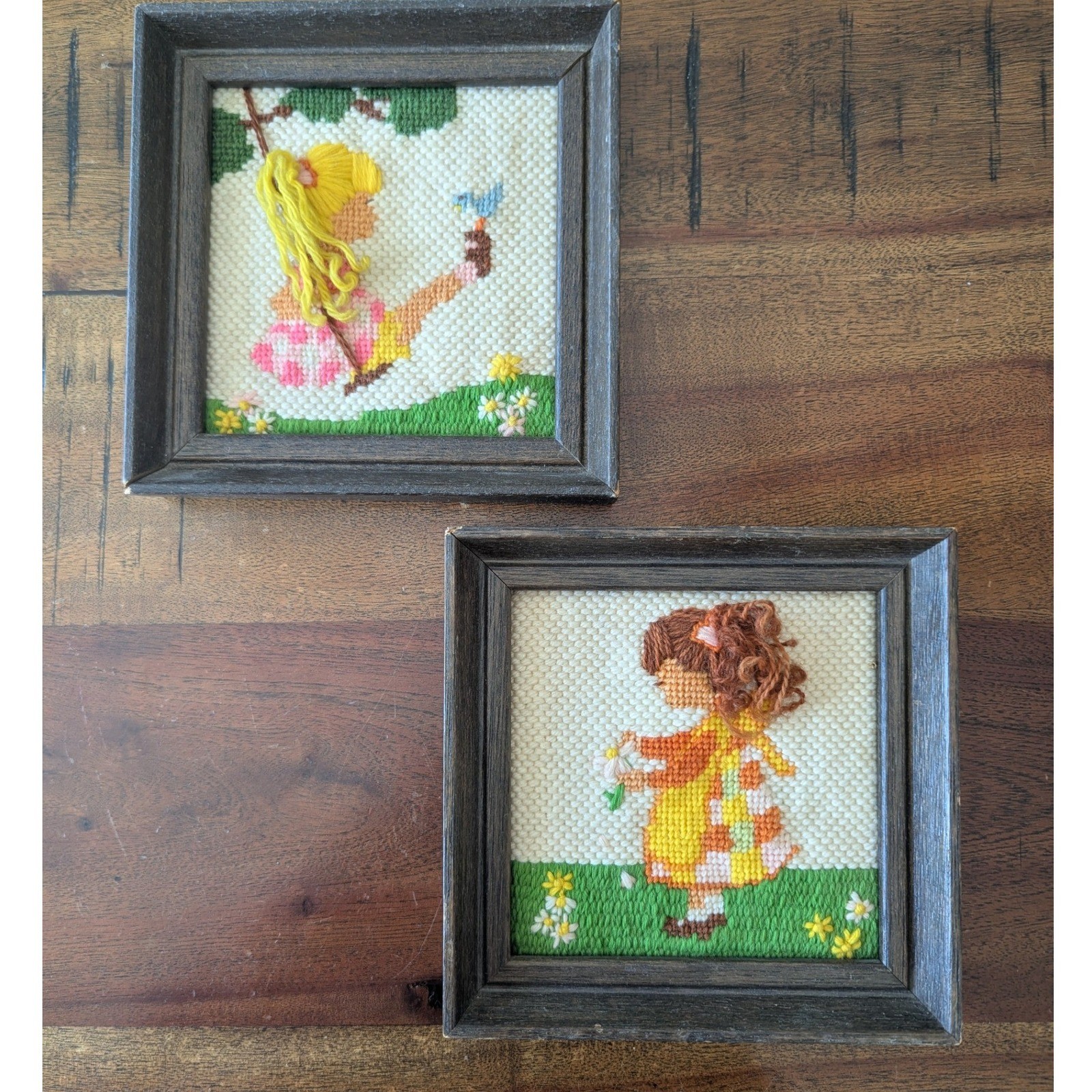 Vtg 70s Needlepoint Yarn Art Framed Set of 2 Little Girl Meadow Retro Nursey