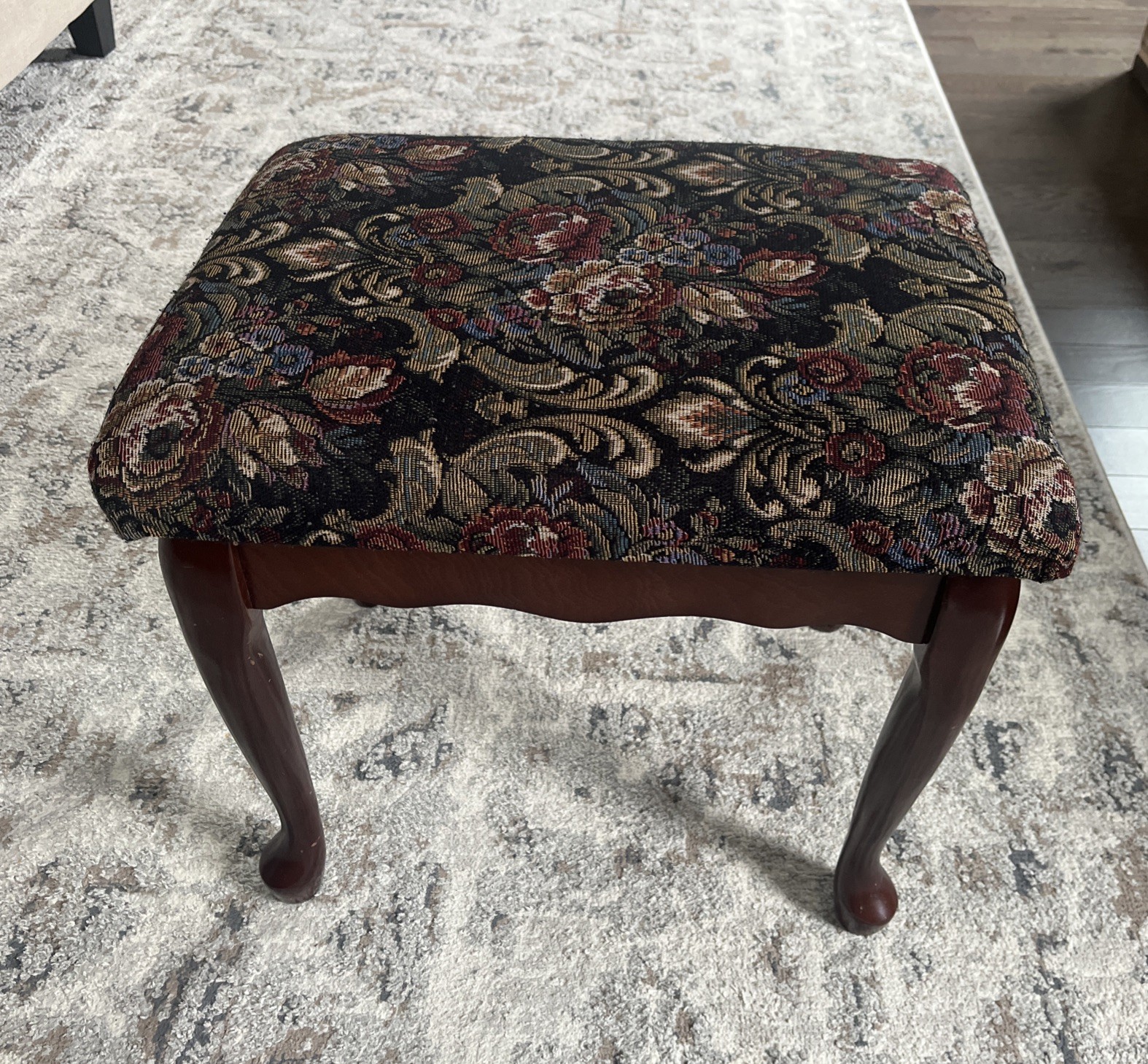 Vintage Wooden Upholstered Footstool Floral Tapestry  Brown Stool