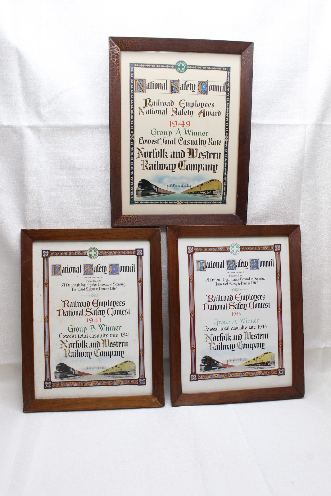 3 NORFOLK AND WESTERN RAILWAY SAFETY AWARD FRAMED CERTIFICATES N&W RAILROAD RY