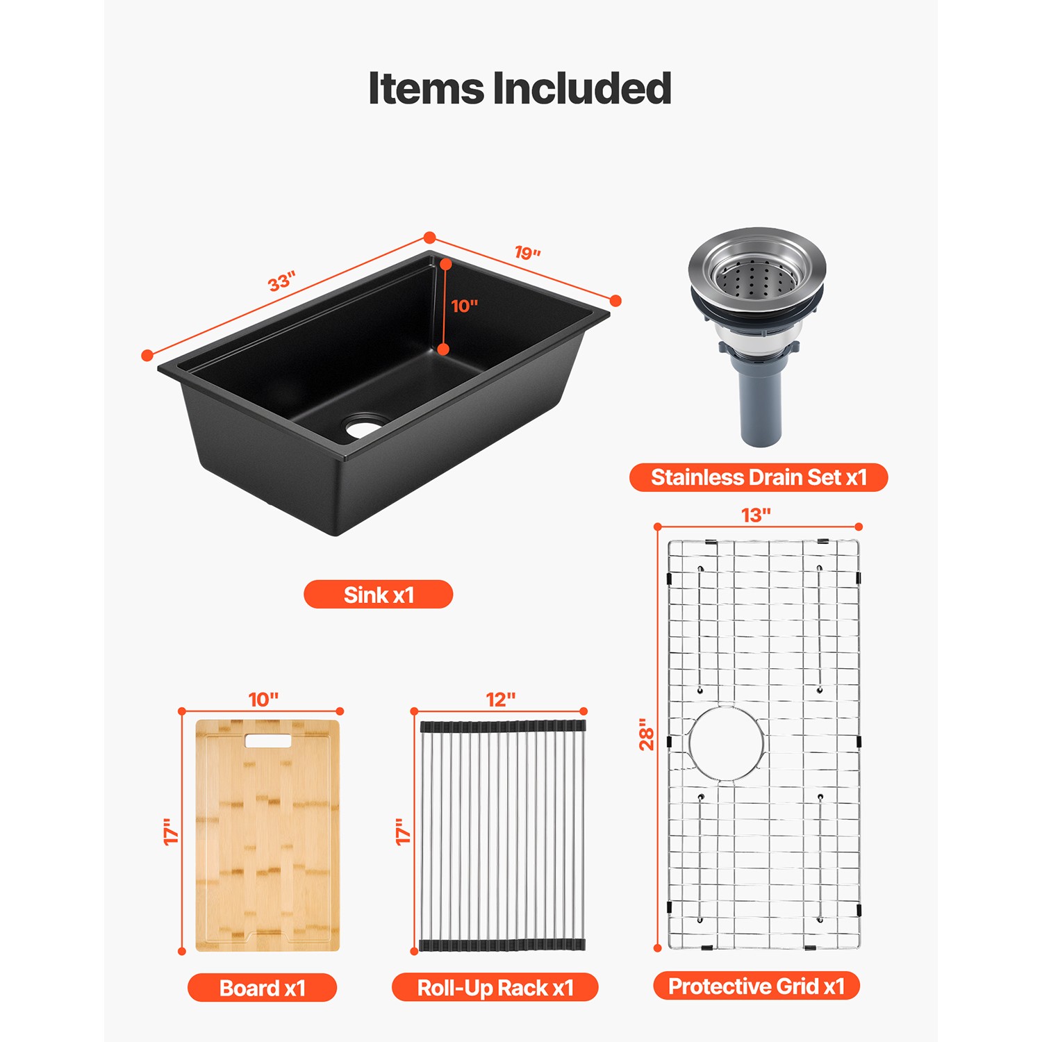 33 inch Granite Kitchen Sink Undermount Single Bowl Drop-In Basin for RV Bar