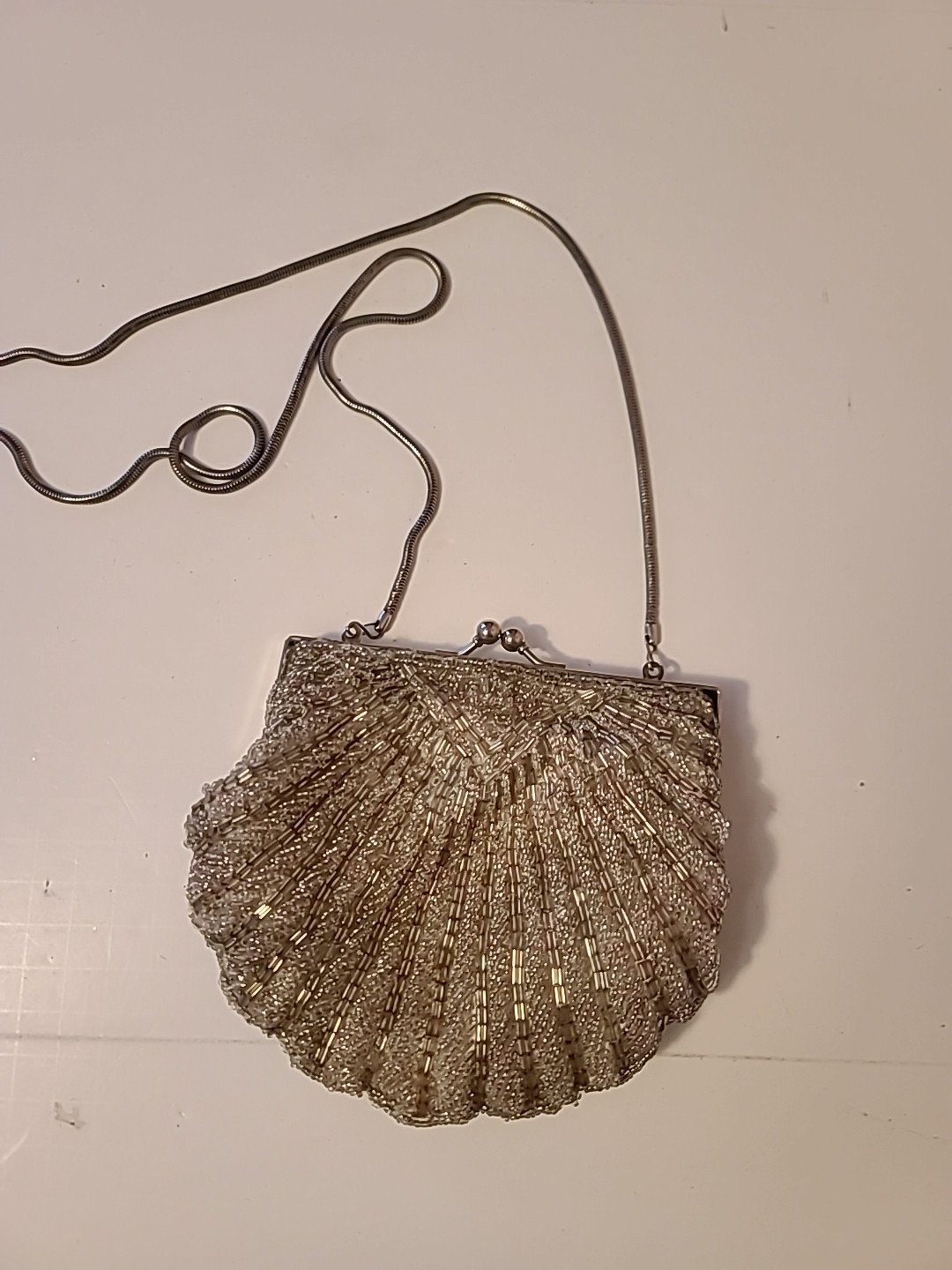 Vintage Beaded Silver Clam Shell Purse Evening Bag Retro Mermaid