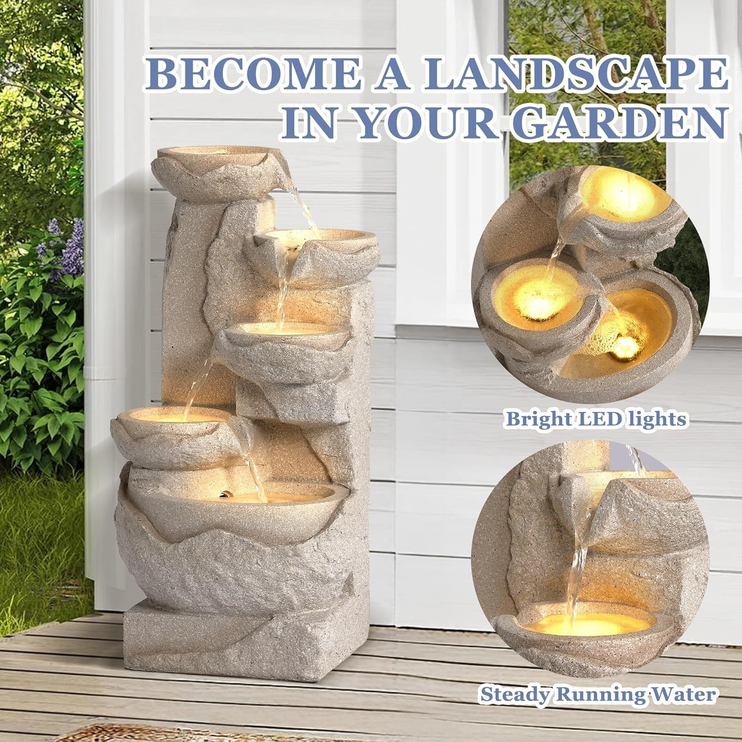 Outdoor 5-Tiers Cascading Rock Water Fountain, Waterfall Fountain with 5 LED