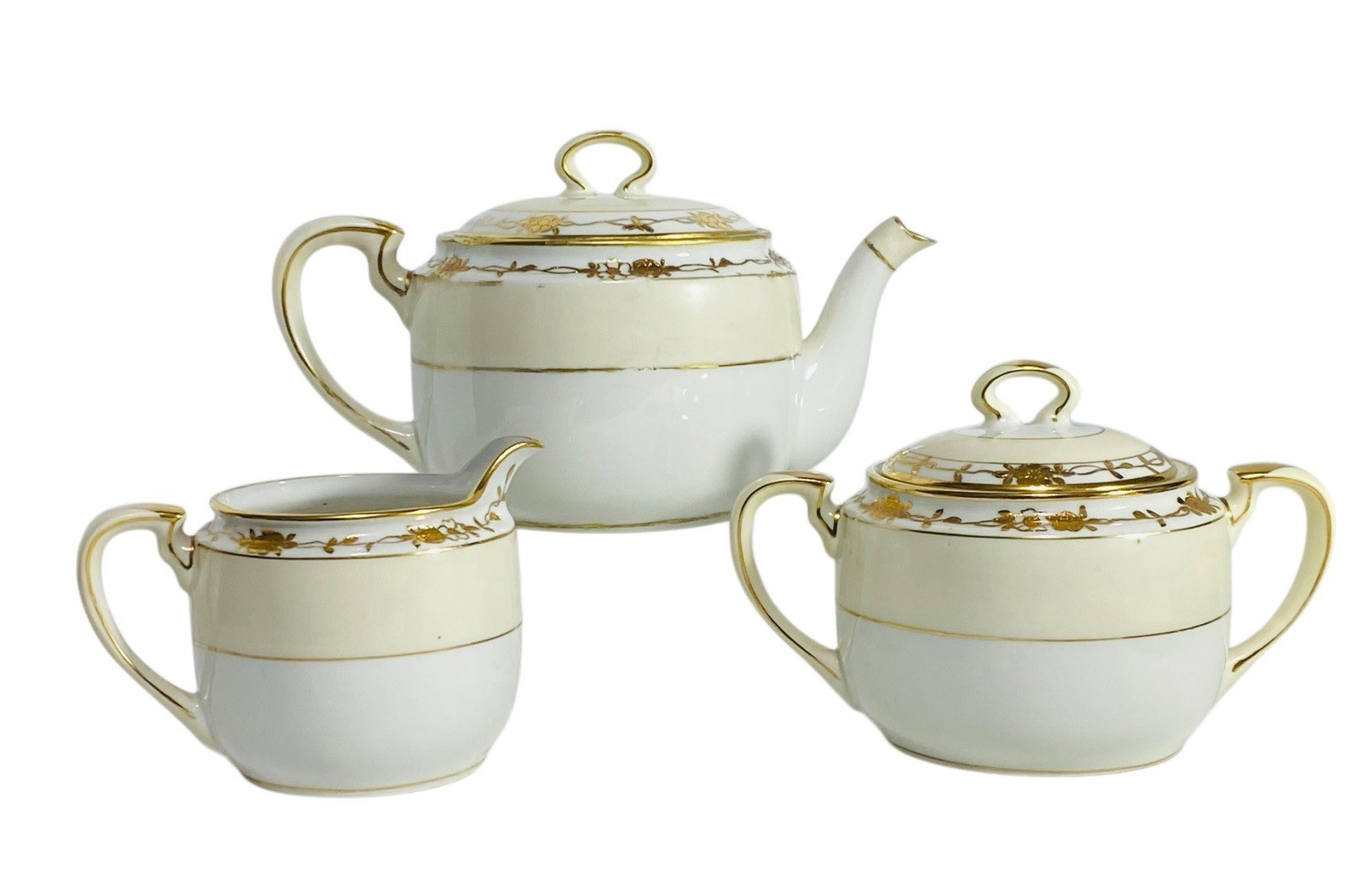 Handpainted Nippon Teapot Lid Creamer Sugar Bowl Lid Beige Gold Gilt Trim Floral