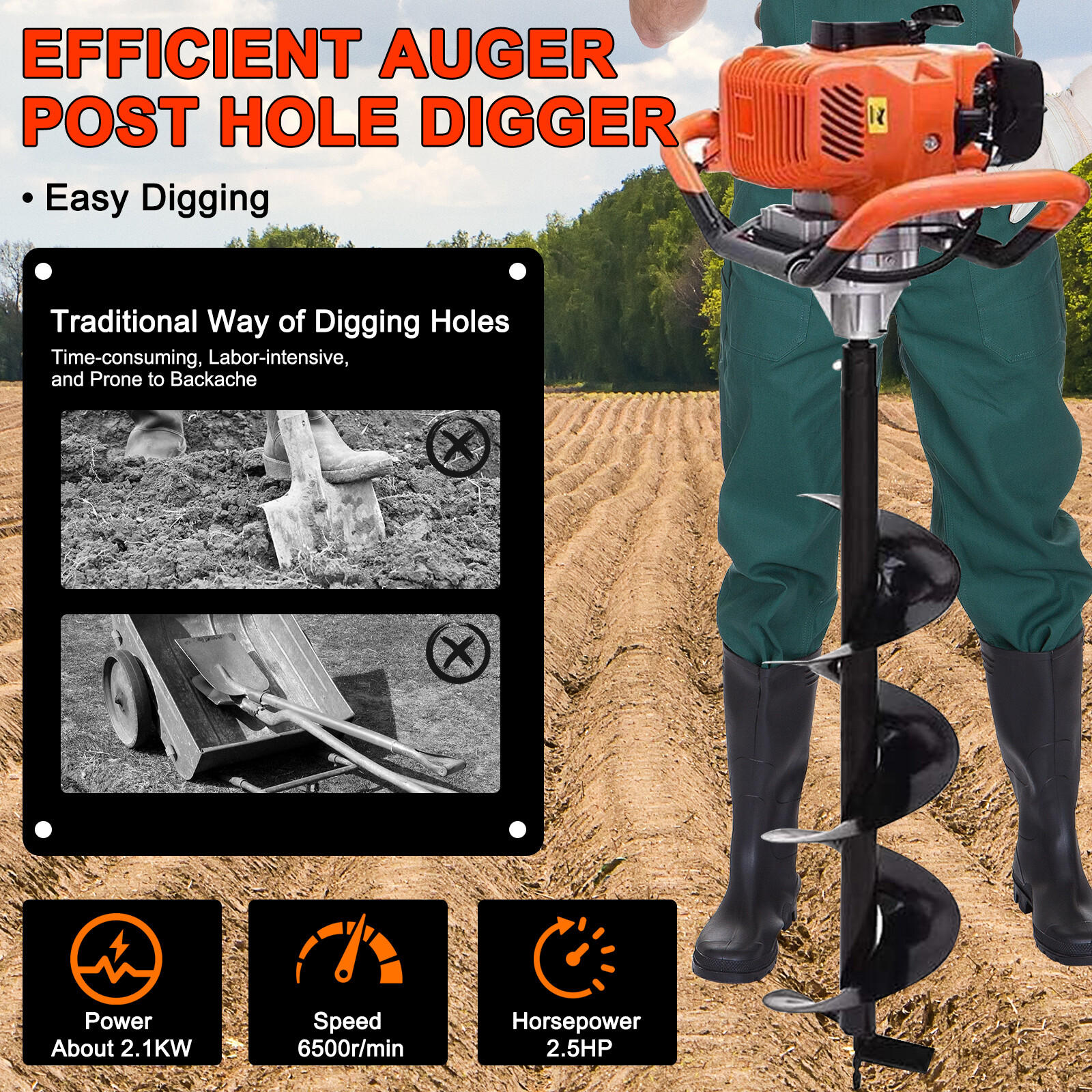 62CC Post Hole Digger Gas Powered Earth Auger Borer Ground + 4 Bits