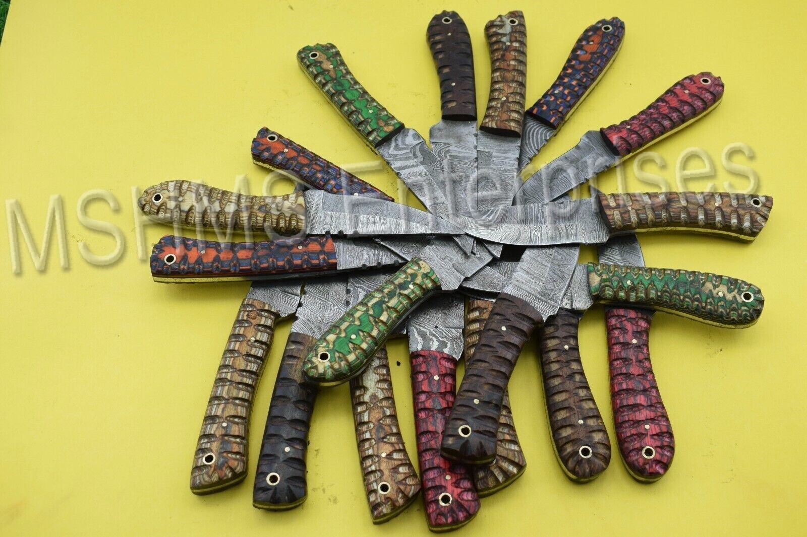 LOT OF 50 8 INCH HANDMADE DAMASCUS STEEL SKINER KNIFE WOOD HANDLE W/SHEATH