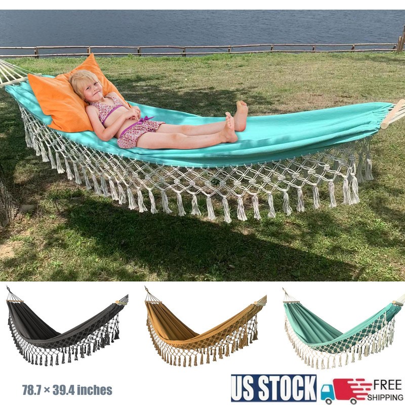 Portable Hammock with Tassels Bohemian Hammock Canvas Carry Bag for Outdoor