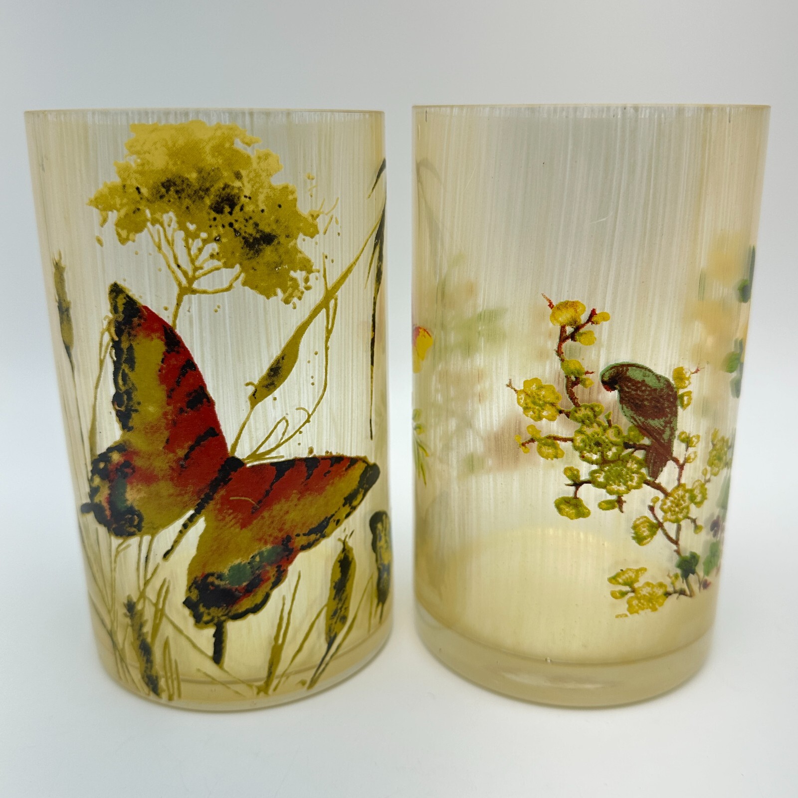 MCM Drinking Glasses Set Butterfly Floral Art Painted 6in Tall Vintage Decor