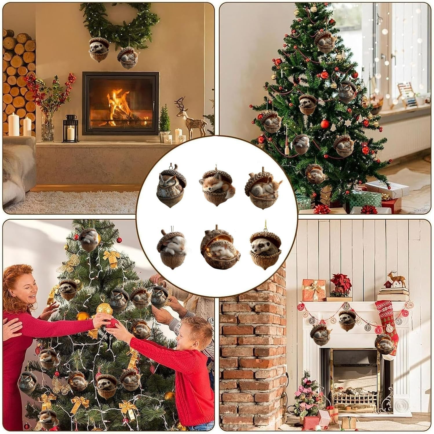 6pcs Cozy Forest Christmas Ornaments Forest Animal Acorn Ornaments.
