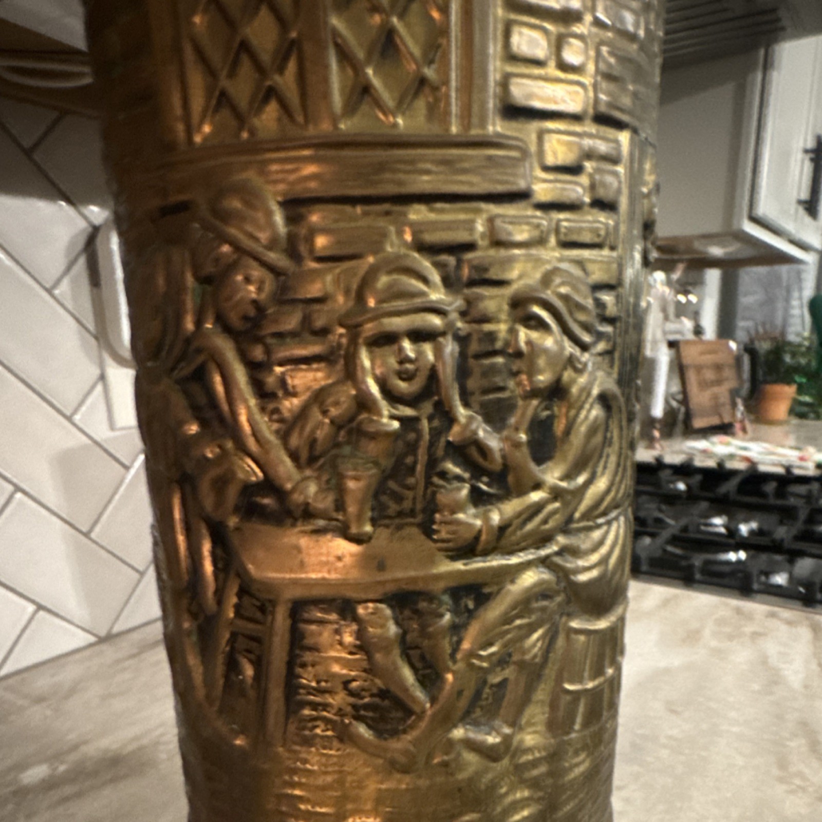 Antique Vintage Brass Embossed Figural Umbrella Stand