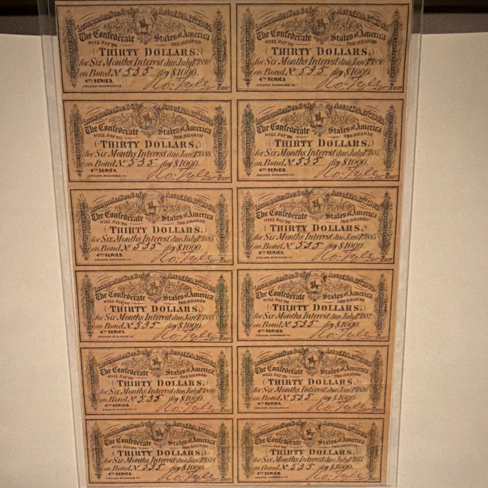 1864 $30 Confederate States of America Loan Bond Coupons Uncut Sheet