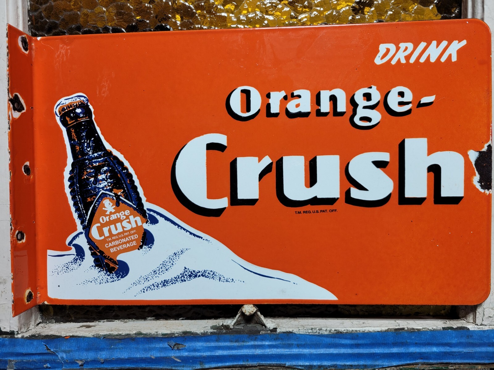 VINTAGE ORANGE CRUSH PORCELAIN SIGN OLD SODA FLANGE COLA BEVERAGE DRINK FOOD 20"