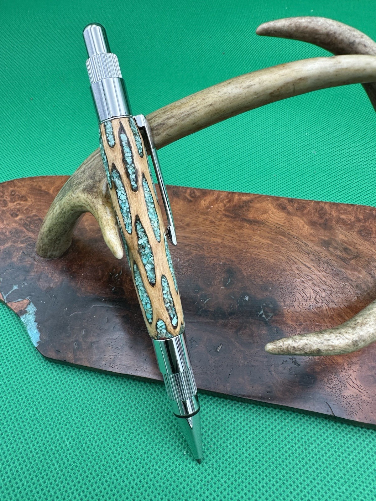 Hand Turned Mechanical Stratus Pencil With Cholla Cactus Inlaid Turquoise Chrome