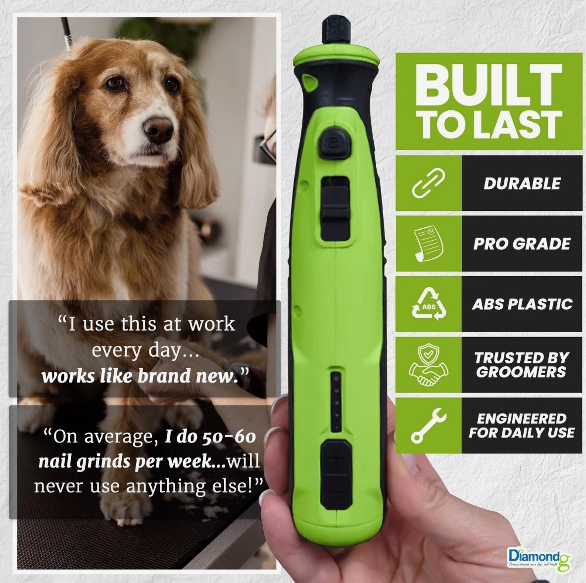 Diamondg Cordless Nail Grinder for All Dog Breeds, Storage Bag + 2 Grinding Tips