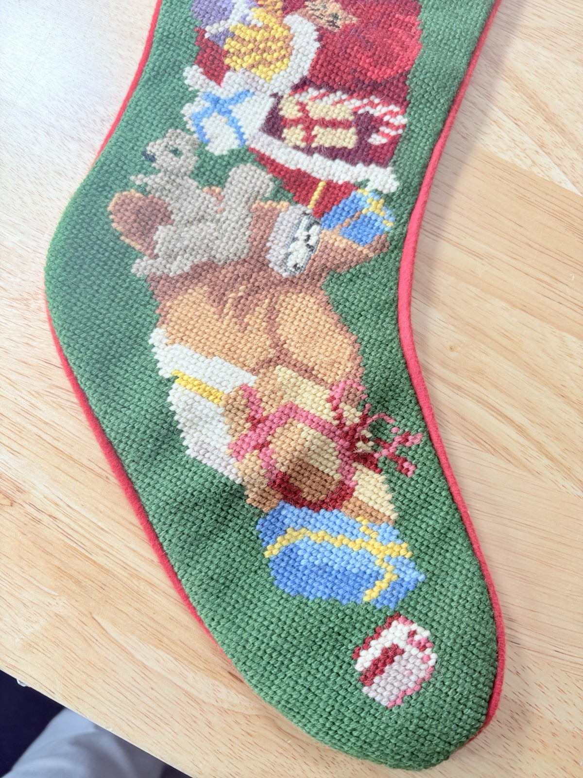 VTG Wool Needlepoint Christmas Stocking Santa Squirrel Bear Presents Felt 22”