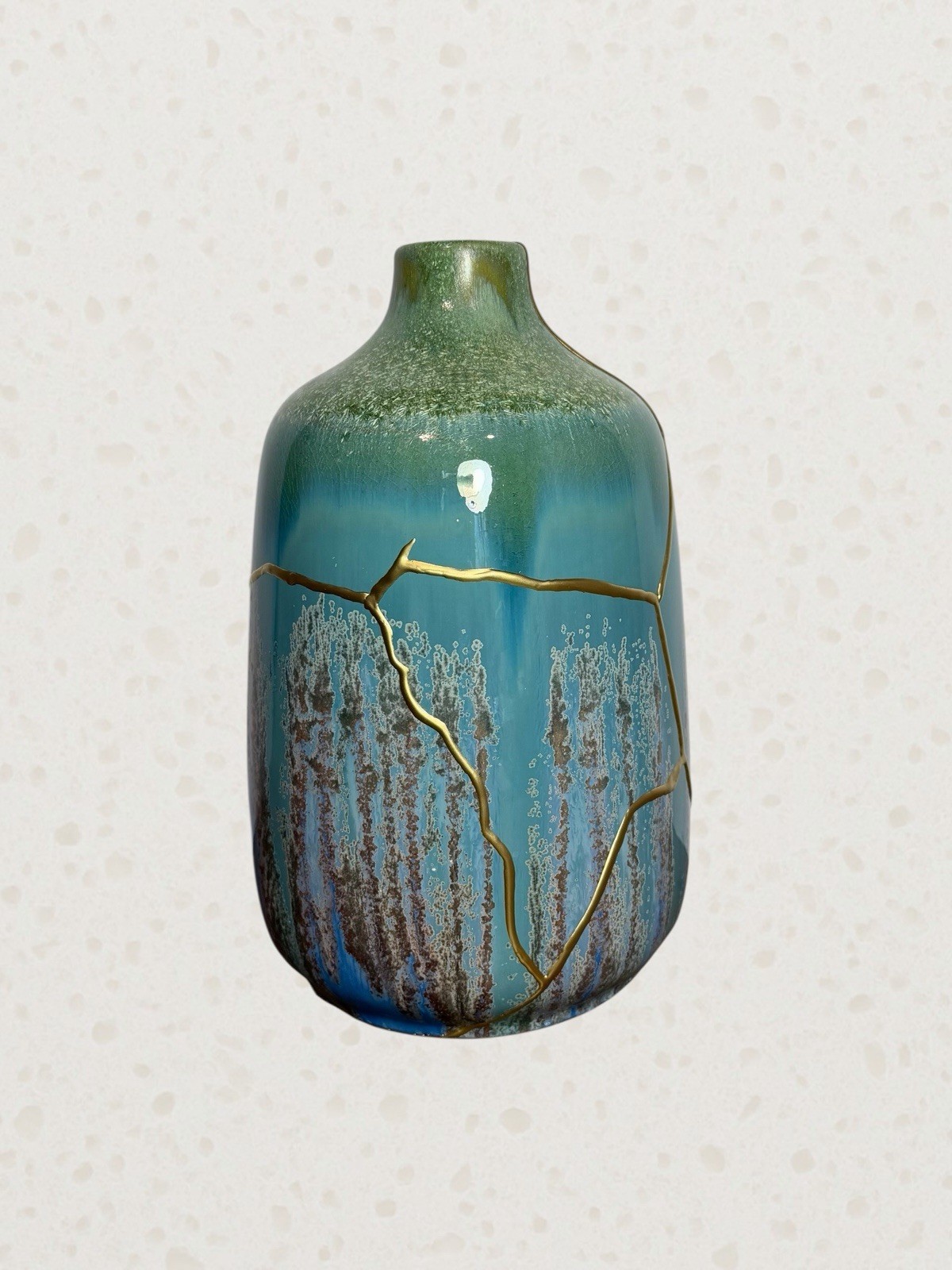 Kintsugi Ceramic Bottle Vase Gold Repair 10” Ocean Glaze Wabi Sabi Decor