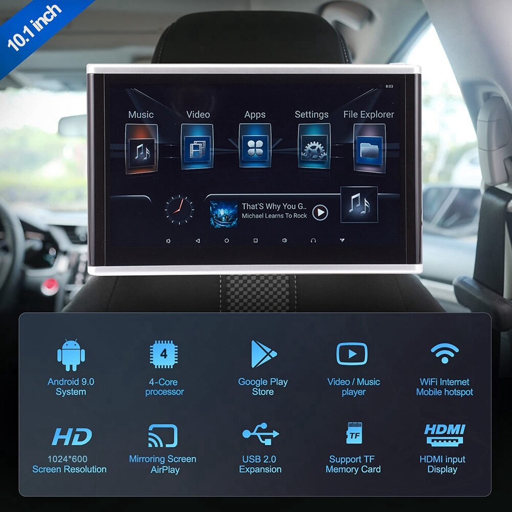 10‘’ Android 9.0 Headrest Monitor Video Player for Car TV Touch Screen WiFi//USB