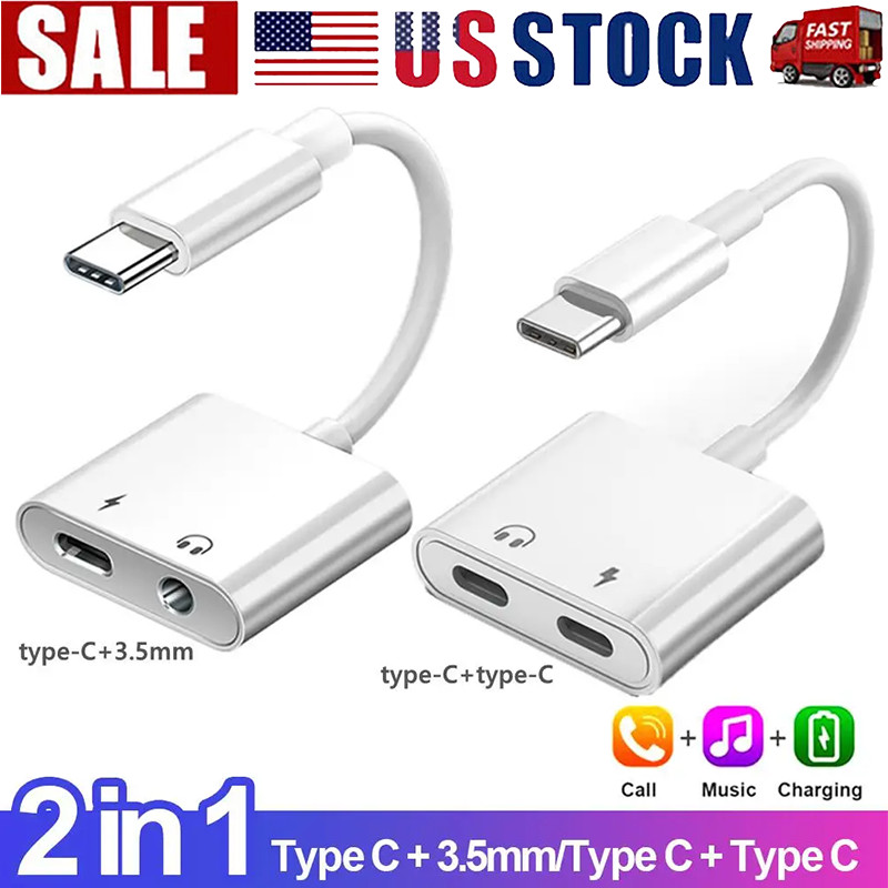 2 in 1 Charger Headphone USB Type C to 3.5mm Aux Audio Cable Cord Adapter lot