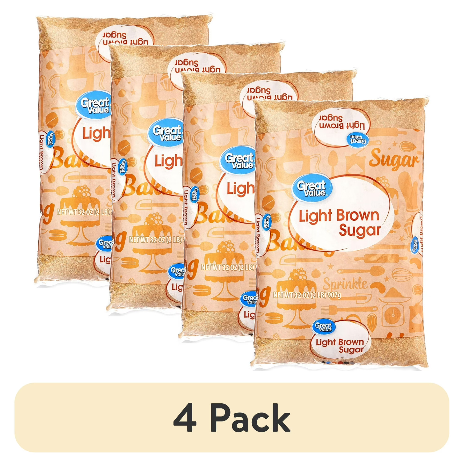 (4 pack) Great Value Light Brown Sugar, 32 oz, Free Shipping...